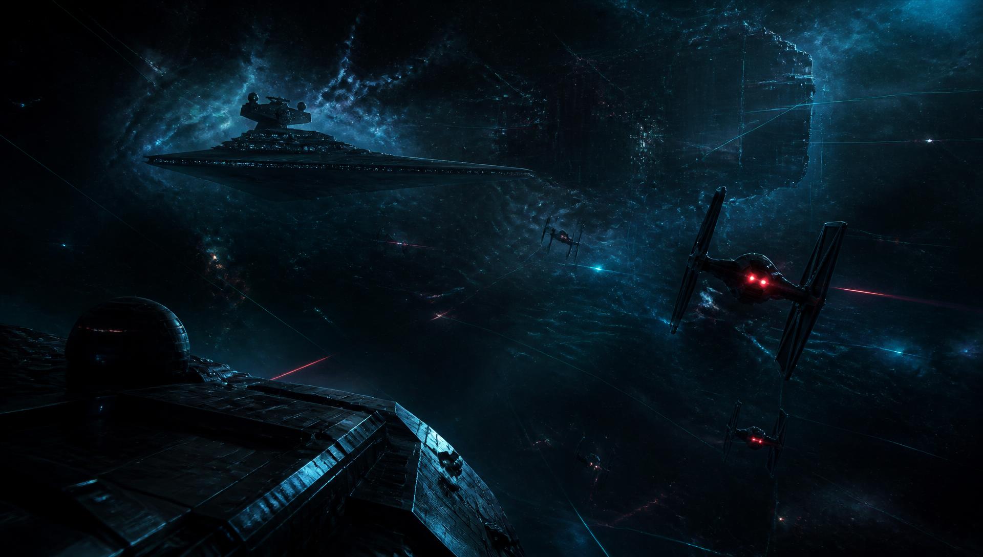 Imperial fleet above a battle station in deep space